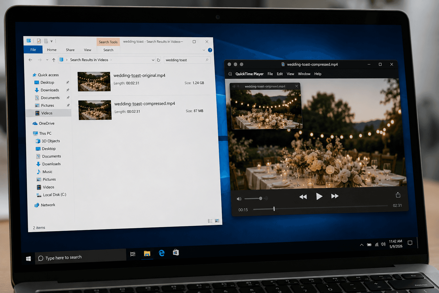 Close-up of a laptop screen showing two video files in the same folder: wedding-toast-original.mp4 at 1.24 GB and wedding-toast-compressed.mp4 at 87 MB. A QuickTime Player alongside shows the compressed version playing back at a quality visually identical to the original.