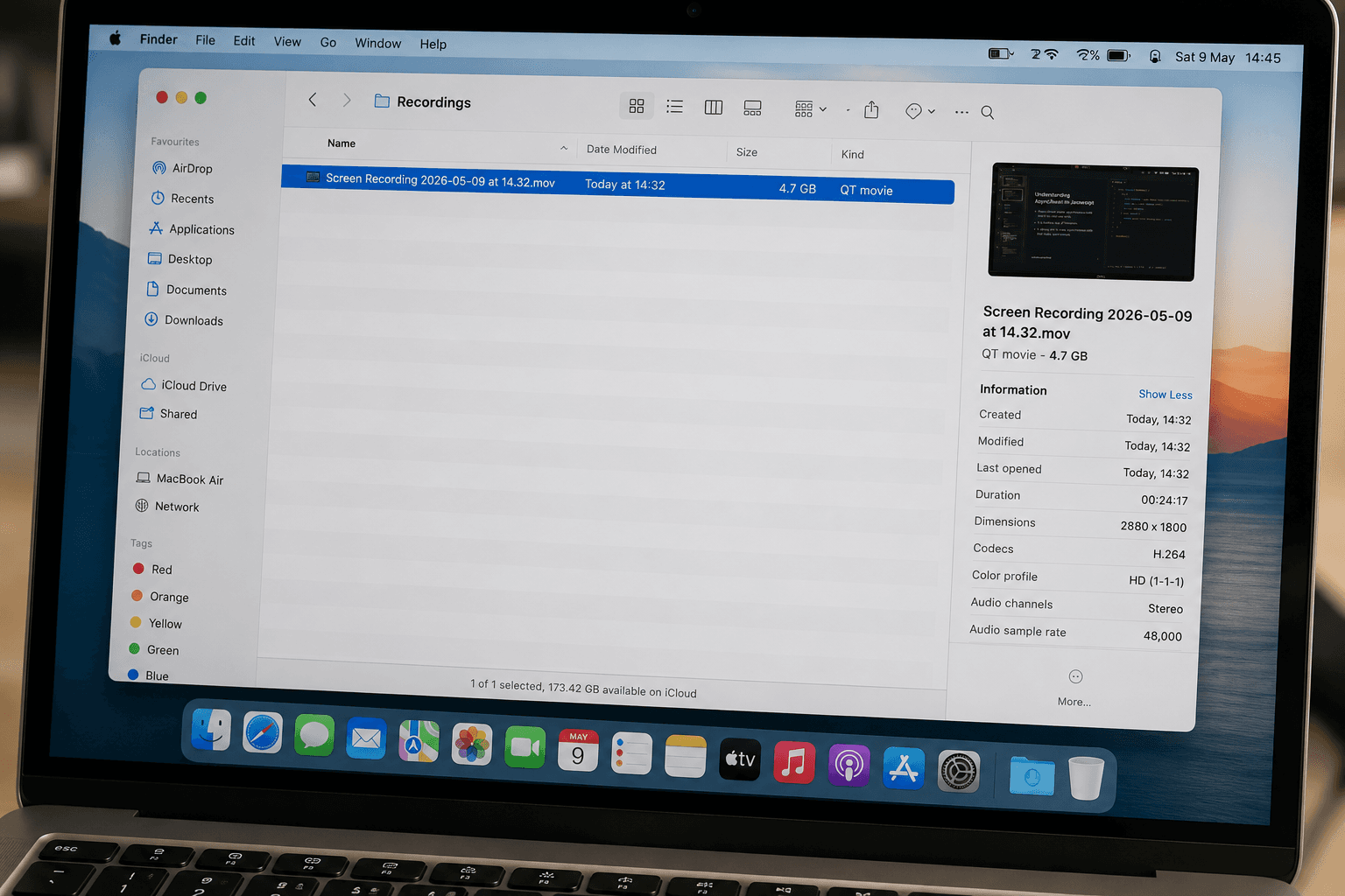 Close-up of a macOS Finder window showing a 'Recordings' folder, with a screen recording file selected and the inspector panel revealing its 4.7 GB file size, 24-minute duration, and 2880x1800 dimensions.